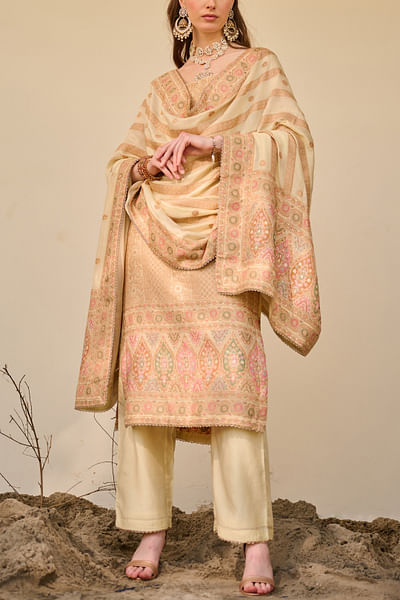 Lemon floral motif woven kurta set