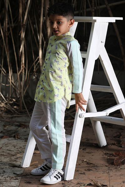 Lemon yellow animal print shirt kurta set