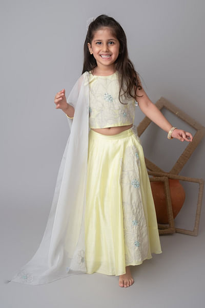 Lemon yellow floral appliqued lehenga set
