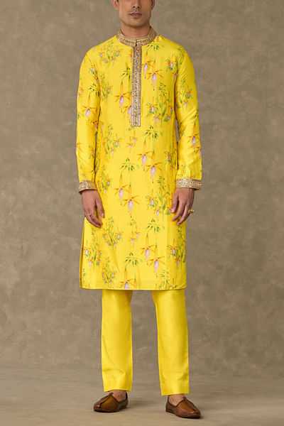 Lemon yellow floral print kurta set