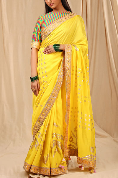 Lemon yellow foil printed sari set