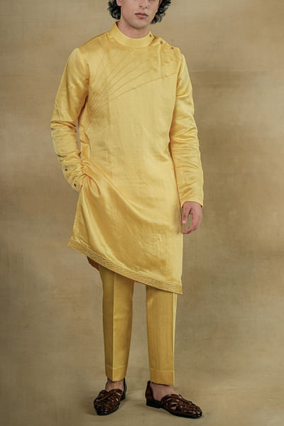Lemon yellow pintuck asymmetric kurta set