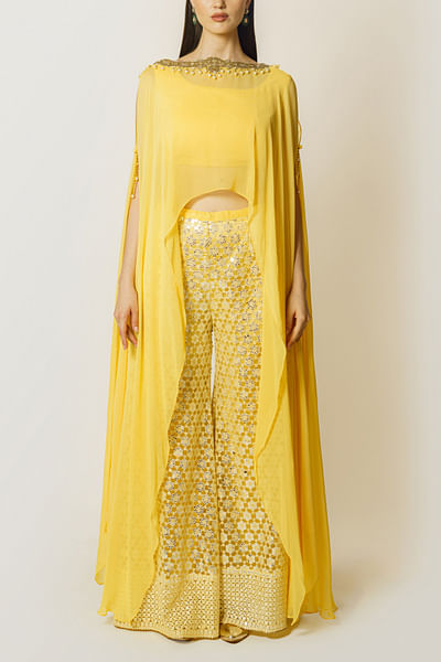 Lemon yellow sequin and cutdana embroidered cape set