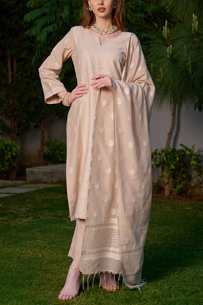 Light beige chikankari woven kurta set