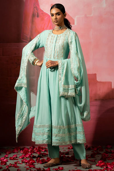 Light blue leaf gota embroidered anarkali set
