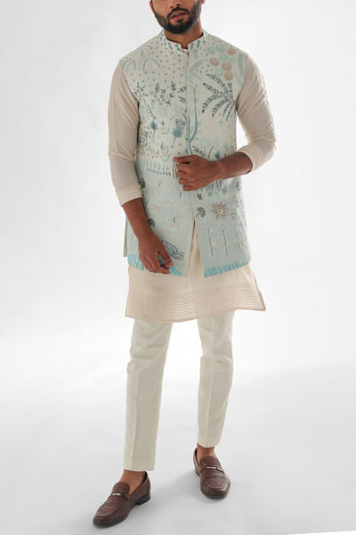 Light blue floral thread and sequin embroidered long Nehru jacket set