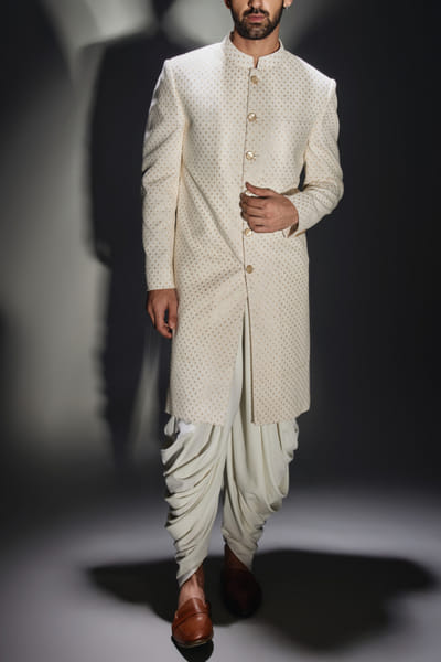 Light cream ogee embroidery achkan set