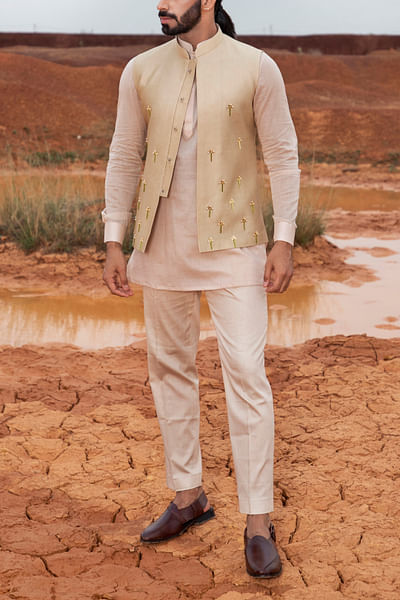 Light khaki embroidered bandi kurta set