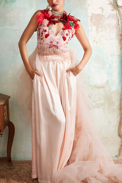 Light pink 3D floral embroidery co-ords