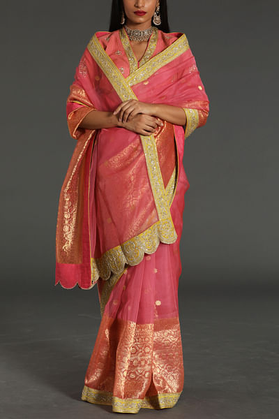 Light pink aari embroidery scalloped sari set