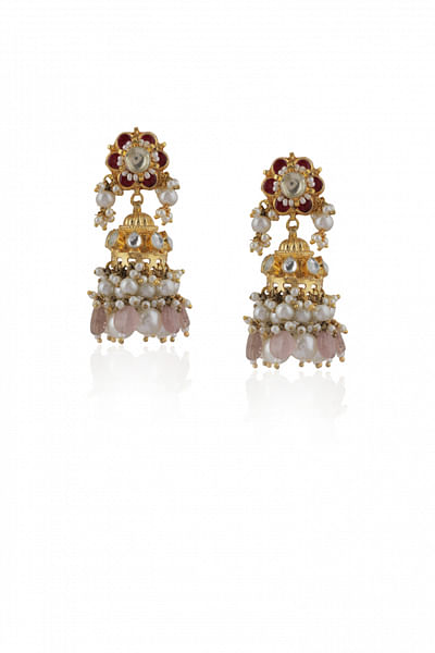 Light pink and white jadtar stone and pearl embellished jhumkas