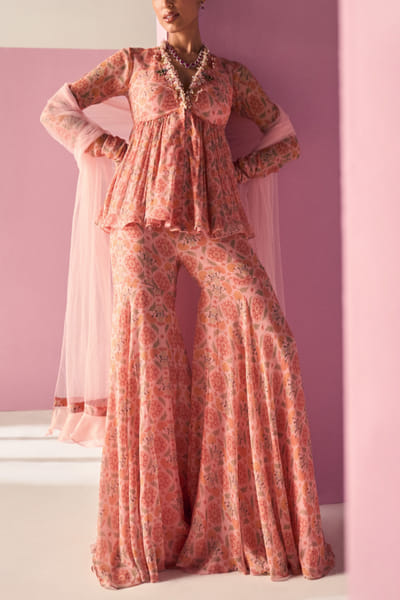 Ridhi Mehra Light pink floral print peplum gharara set RMHMAY2319