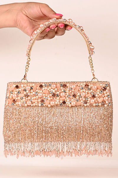 Light pink pearl and crystal embroidery clutch