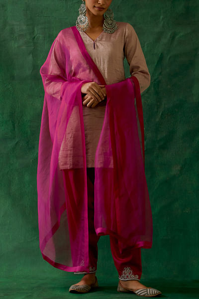 Light pink silver short handwoven kurta set