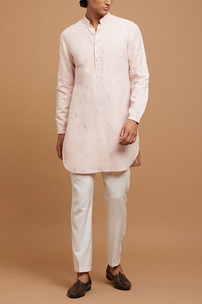 Light pink thread and cutdana embroidered short kurta set