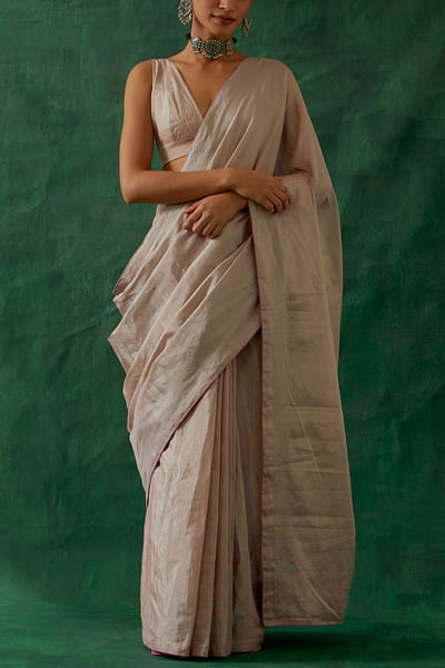 Light pink zari handwoven sari set