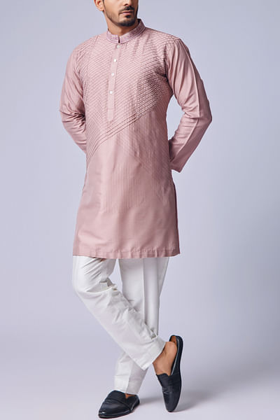 Light purple pintuck cotton silk kurta set