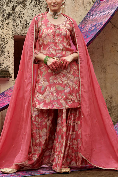 Light red floral print gharara set