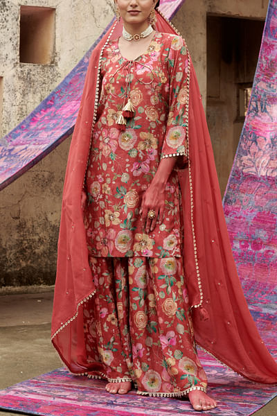 Light red floral printed gharara set