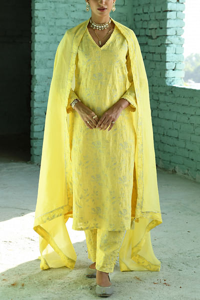 Light yellow floral embroidery kurta set