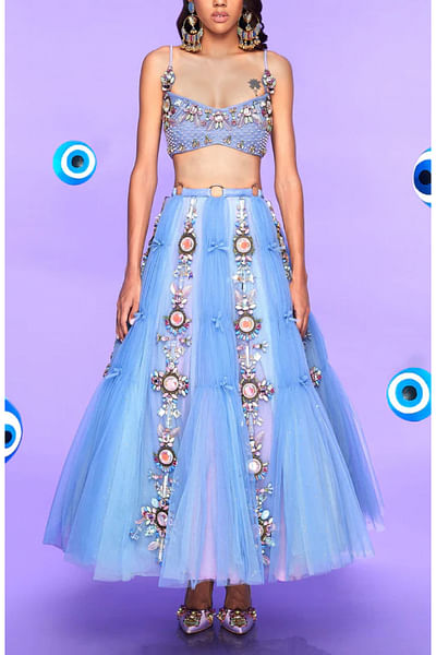Lilac 3D detail tiered short lehenga set
