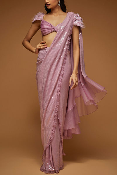 Lilac 3D floral embellished ruffle sari set
