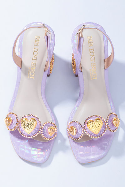 Lilac 3D metal heart embellished block heels