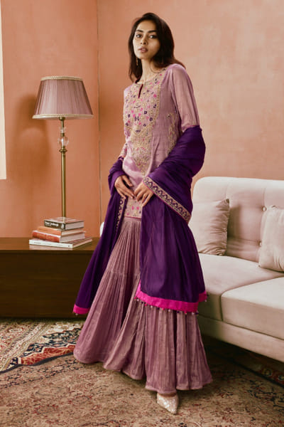 Lilac and purple embroidered kurta gharara set