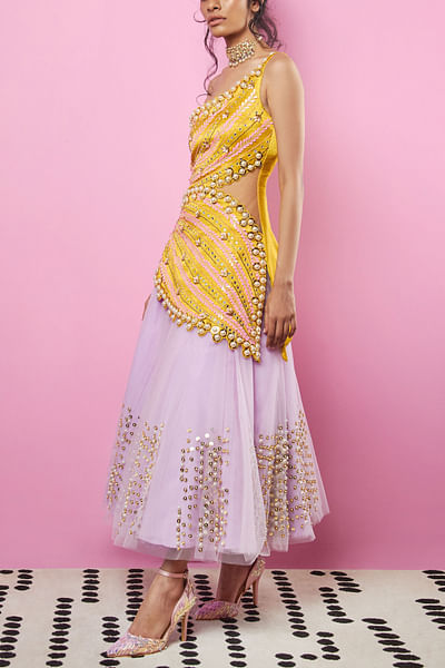 Lilac and yellow 3D detail short lehenga set