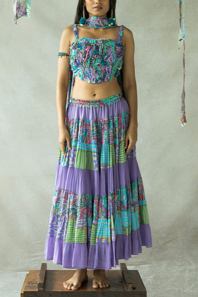 Lilac artsy print slit skirt