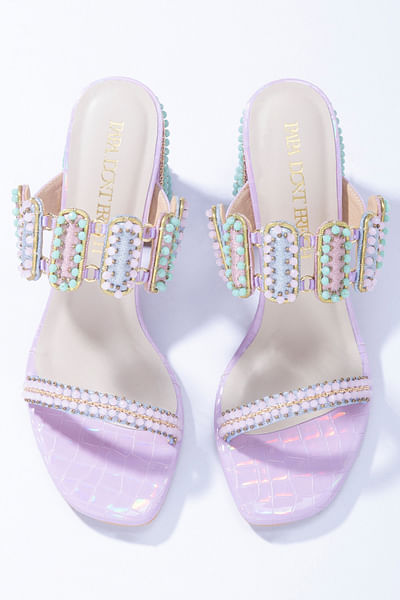 Lilac chain and bead embellished block heels