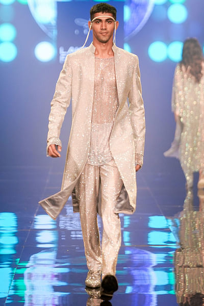 Lilac crystal embellished open sherwani set