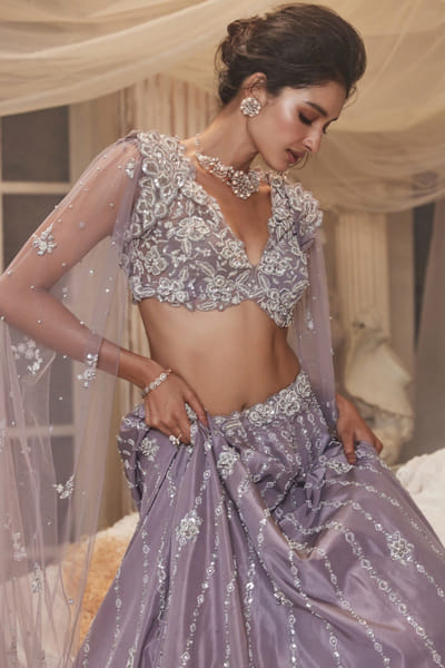 Roqa Lilac embroidered cape lehenga set ROQMAR25D118802
