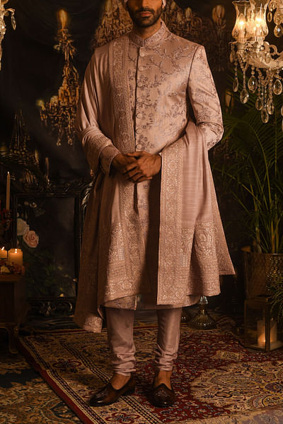 Lilac floral and leaf embroidery sherwani set