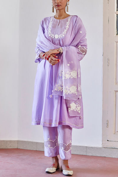 Lilac floral cord embroidered kurta set
