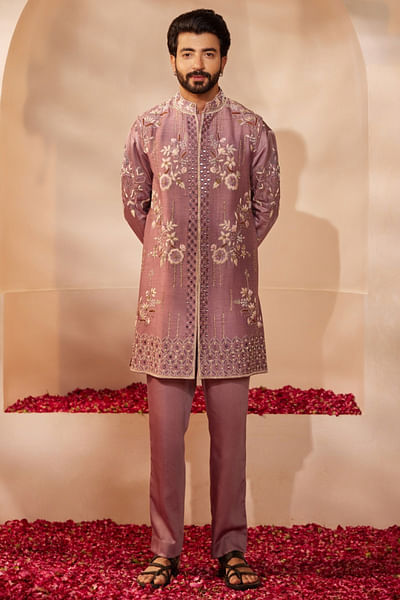 Lilac floral embroidered jacket kurta set