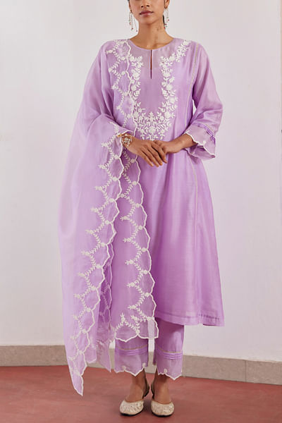 Lilac floral embroidered kurta set