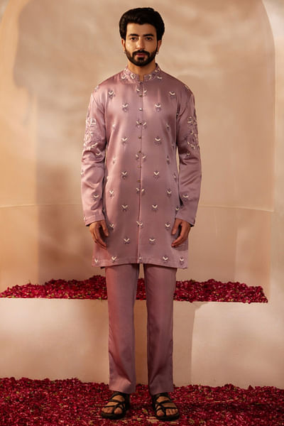 Lilac floral motif embroidered kurta set