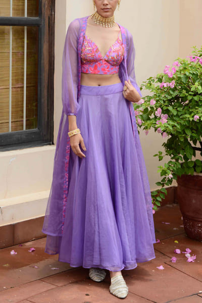 Lilac floral print and embroidery cape set