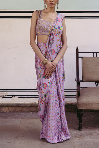 Lilac floral print pre-draped saree set