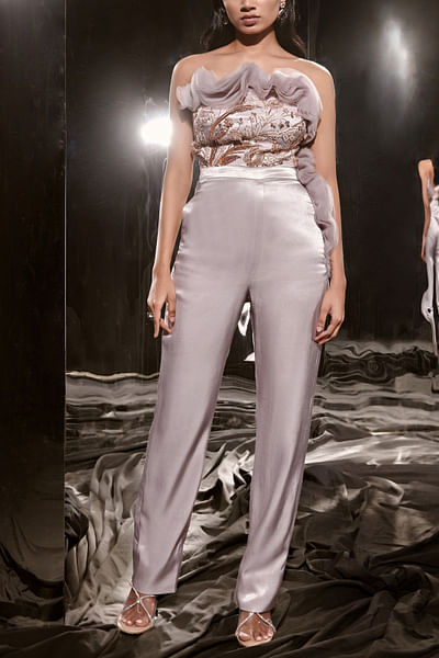 Lilac floral sequin embellished ruffle strapless jumpsuit