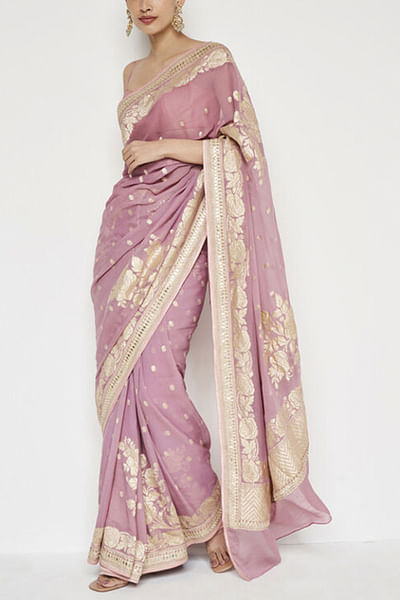 Lilac floral woven banarasi sari set