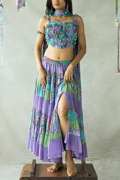 Lilac hand embroidered skirt set