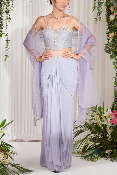 Nidhika Shekhar Lilac pearl and stone embellished draped lehenga set NISAPR2311