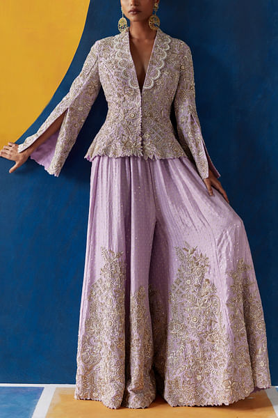 Lilac pearl and zardozi embroidery jacket and skirt
