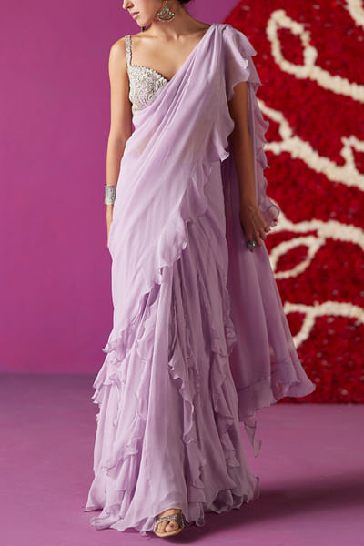 Lilac ruffle draped lehenga sari set