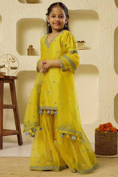 Lime and blue embroidered sharara set