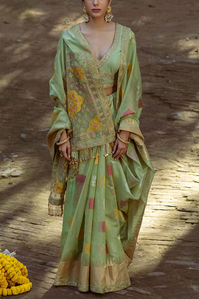 Lime dori embroidered sari set