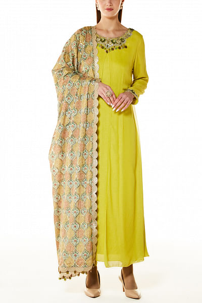 Lime embellished long kurta set