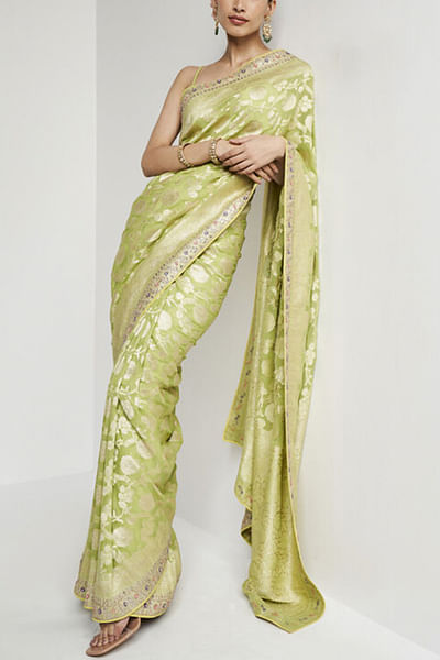 Lime gota embellished banarasi sari set